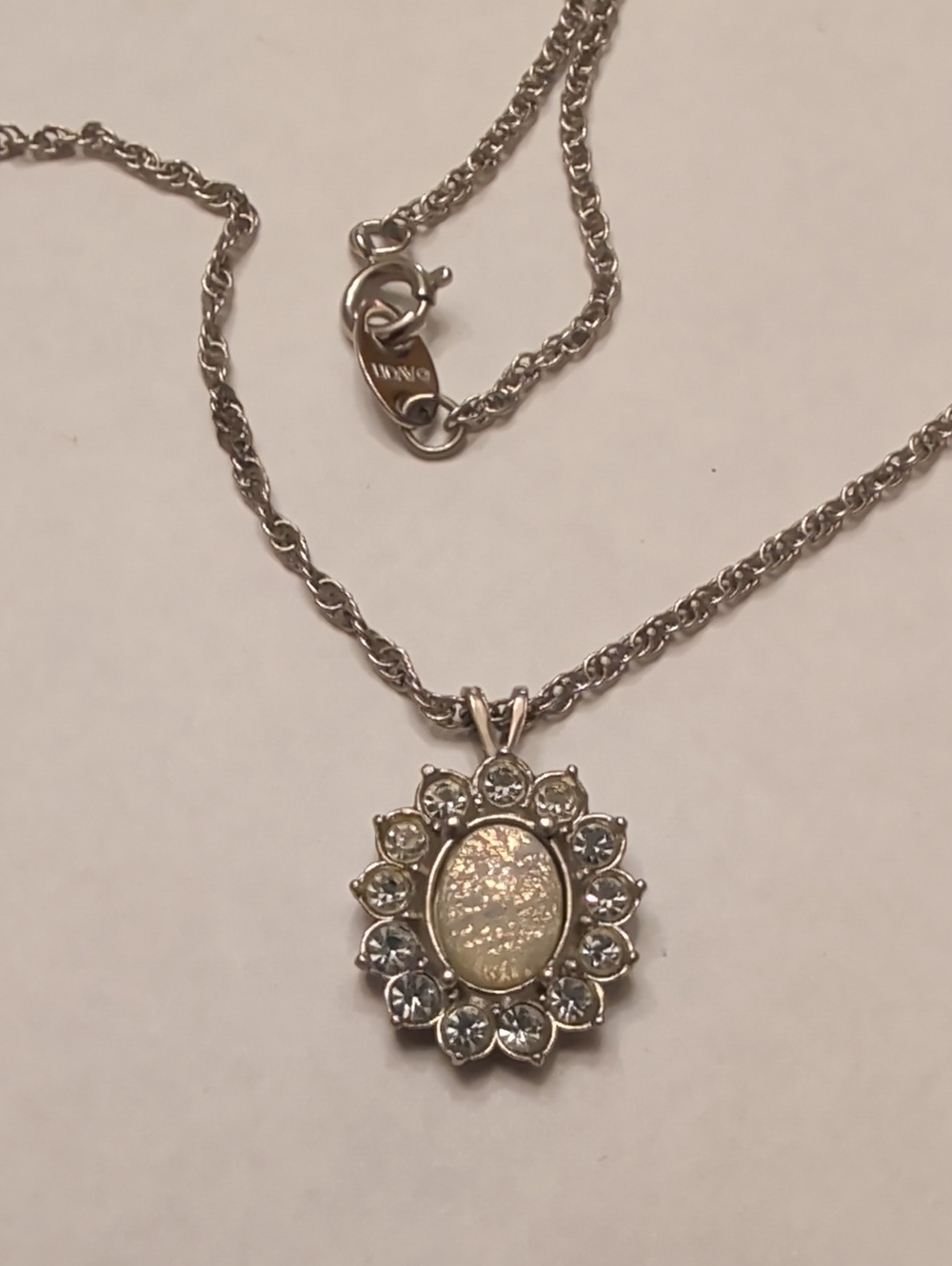 Avon Silver-Tone Opalescent Pendant Necklace with Clear Accents